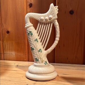 Belleek vintage Harp Figurine with Green Shamrock Accents